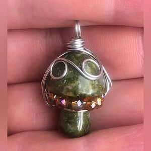 Wire Wrapped Unakite Mushroom Mushie Pendant Necklace w/Swarovski Handmade OOAK